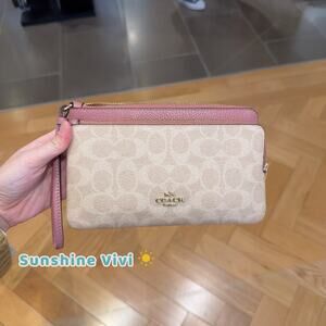 NWT Coach CX161 Double Zip Wallet Signature Canvas Wristlet Sand/Peony
